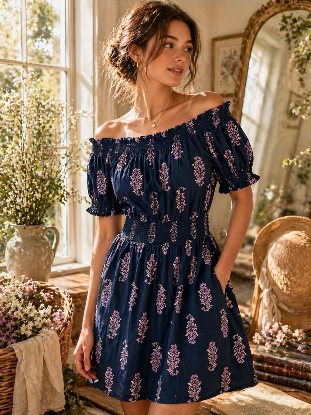 J.Crew Smocked Puff Sleeve Dress Cotton Poplin Budding Branch Print Midnight XS